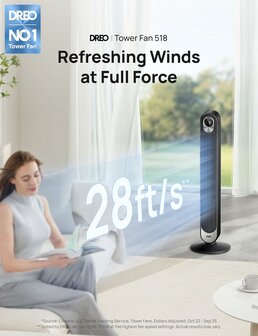 Dreo HTF018 torenventilator zwart met DC motor en afstandsbediening | www.robohome.nl
