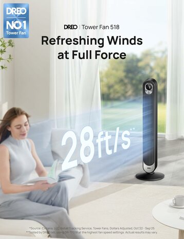 Dreo HTF018 torenventilator zwart met DC motor en afstandsbediening | www.robohome.nl